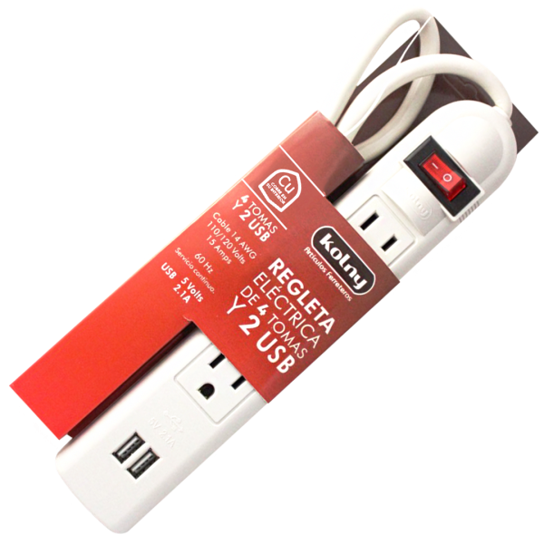 Regleta eléctrica de 4 tomas con 2 USB Kolny